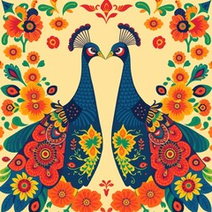 Fototapeta premium Peacock with feathers, Peacock pattern, peacock folk arts, peacock ornament pattern