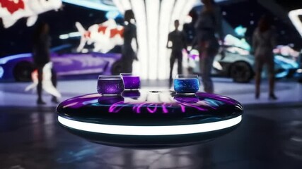 Close-up of futuristic purple gaming controller on sleek black table at auto show with blurred crowd and cars in background under neon lights - Powered by Adobe