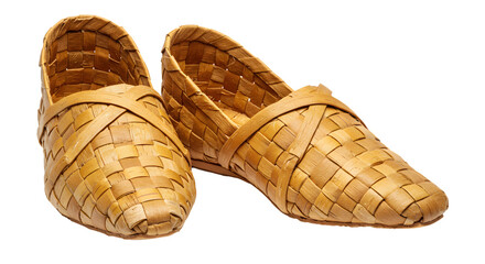 Woven straw shoes with a detailed pattern on a white background  
