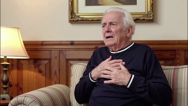 An elderly man suffering a heart attack while sitting on a sofa