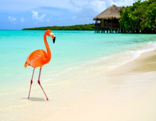 Fototapeta premium Vibrant flamingo saunters along pristine shoreline, blending into tropical ambiance capturing