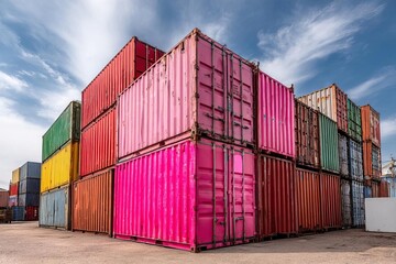 Colorful shipping containers stacked at an industrial port under a blue sky, concept of logistics, transportation, and global trade.