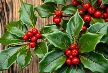 Obraz premium Close-up of glossy holly leaves and red berries against a rustic wood background, macro, winter