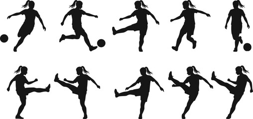 Silhouette of girl soccer player kicking football in action poses, female athlete training, vector sport illustration for physical activity concept