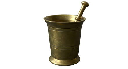 Brass mortar and pestle on white background  