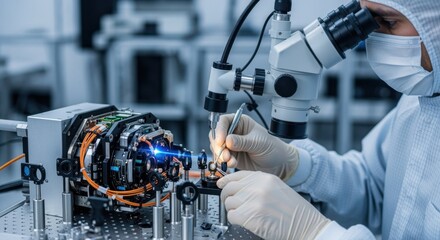 Technician in protective gear manipulating microscopic optical components inside a laser transmitter assembly for spacecraft communication.