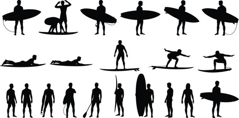 PrintSilhouettes of surfers in various poses with surfboards and paddles showing surfing techniques, beach activity, water sport vector illustration set