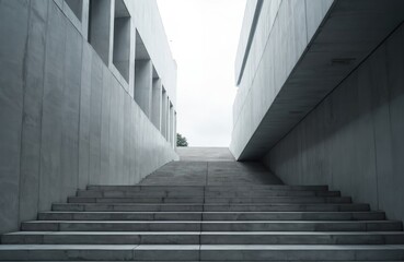Fototapeta premium Wide concrete staircase ascends between two modern buildings with geometric facades. Symmetrical design creates striking perspective leading upwards towards distant tree under overcast sky.