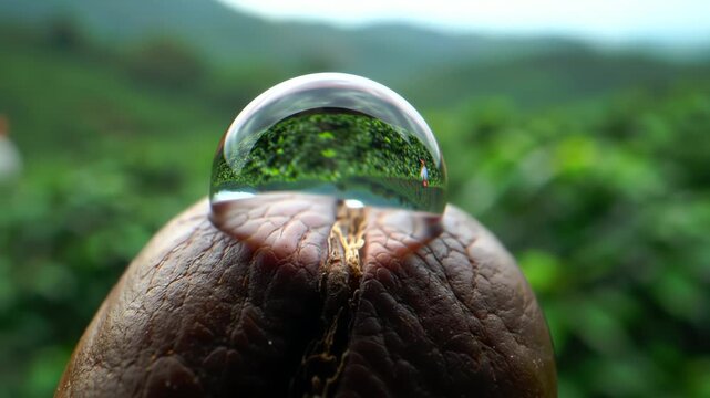 Extreme closeup of coffee bean with water droplet reflecting greenery in slow motion