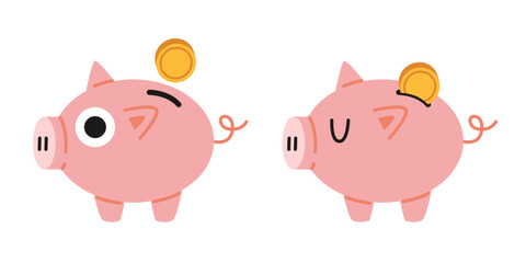 Two cute piggy banks with coins, symbolizing saving money and fun approach to finance. Trendy modern vector illustration isolated on white background, hand drawn, flat design
