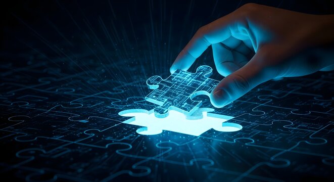 Hand Placing Glowing Puzzle Piece in Futuristic Digital Concept

