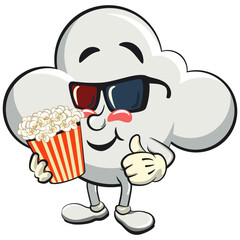 cute cloud cartoon mascot character vector illustration with a bucket of popcorn with wearing 3d glasses, work of hand drawn