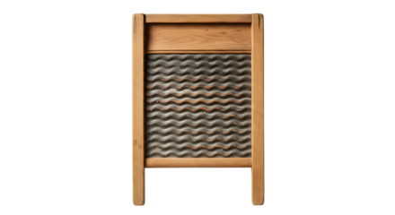 Wooden washboard with wavy metal surface on white background  