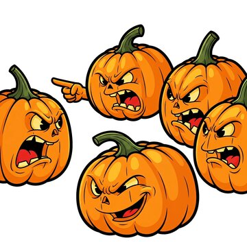 Halloween pumpkins with angry faces in cartoon style  