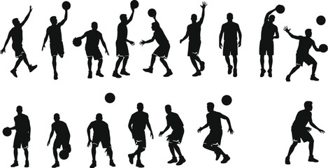 Silhouette vector of basketball players in motion, dribbling, shooting, dunking, passing, sports action poses, team training, athletic game scene