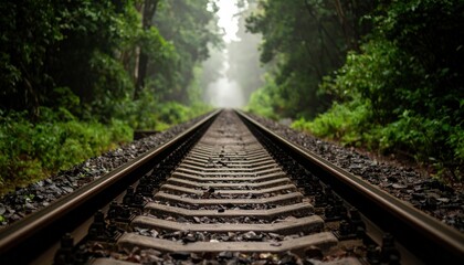 Obraz premium Journey on the Rails: A compelling image of railroad tracks disappearing into a misty distance, flanked by lush greenery on either side.