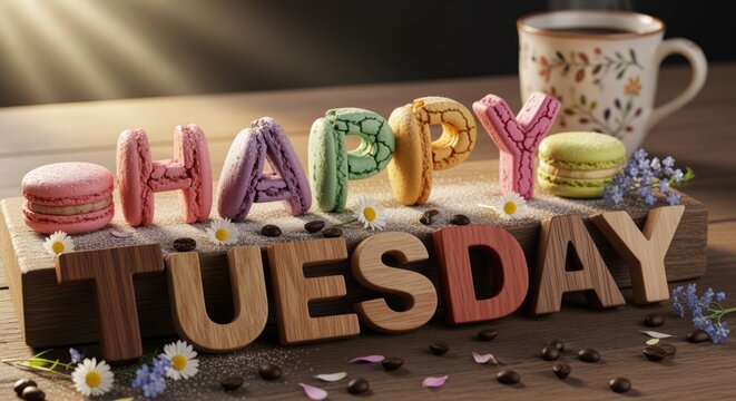 Colorful Macarons Spelling Happy Tuesday on Wooden Board with Coffee Cup