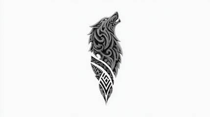 Grey, stylized wolf head, intricate tribal design