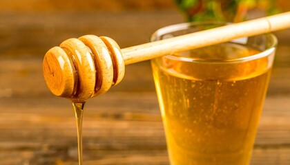 Honey dripping from dipper into glass