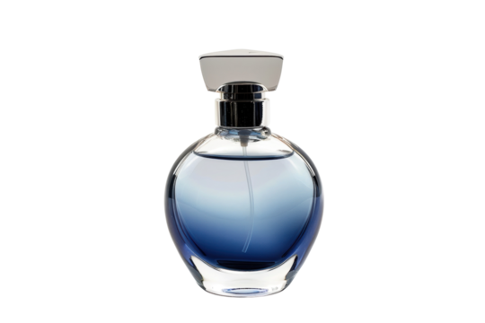 Elegant perfume bottle with blue gradient, luxury fragrance product