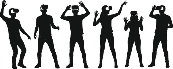 Silhouette vector of diverse people using VR headsets, experiencing virtual reality, immersive gaming, interactive technology, and digital future innovation