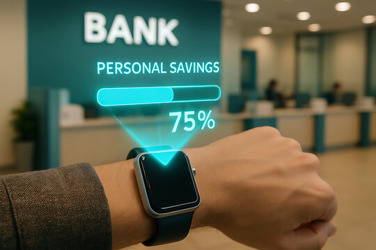 Man in a Bank Checking His Personal Savings Progress with a Holographic Smartwatch Display