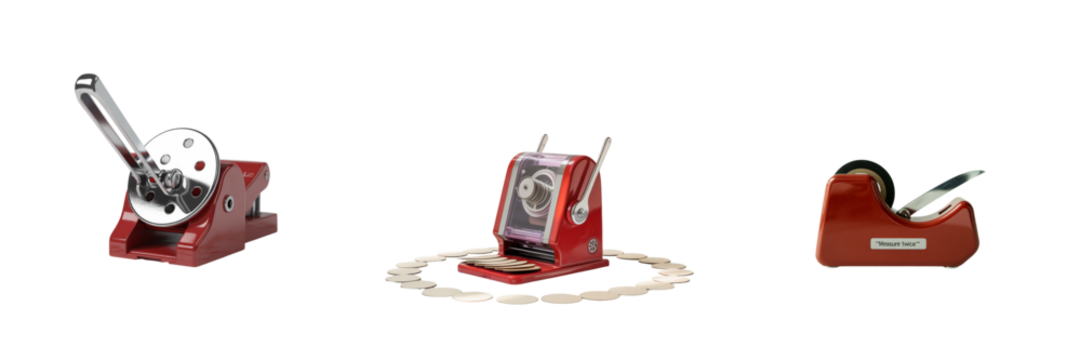 Red office tools stapler hole punch tape dispenser isolated on a transparent background