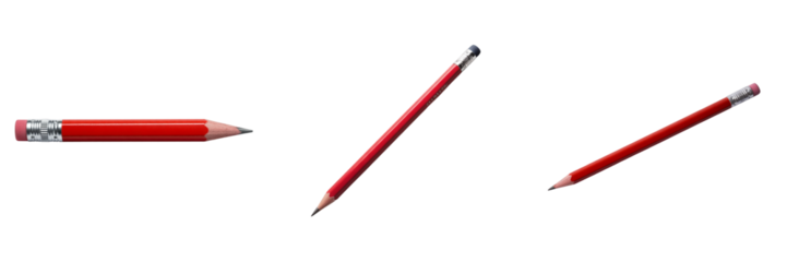 Three red pencils in different orientations isolated on a transparent background
