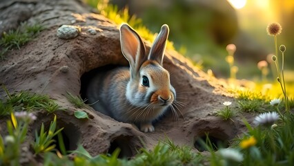 Obraz premium Rabbit Sitting Inside Hole