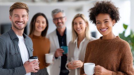 Confident businesswoman smiling and holding a coffee mug, standing in front of her colleagues during a break office