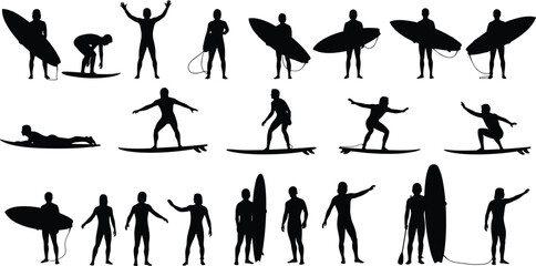 PrintSurfer silhouettes in various poses with surfboards showing wave riding, preparation, stance, and beach sport activity vector illustration for surfing design