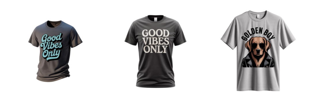 Three T-shirts with graphic designs isolated on a transparent background