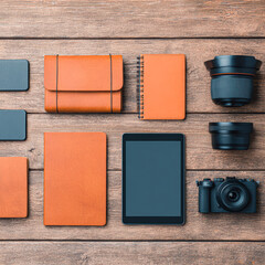 Fototapeta premium A stylish arrangement of brown leather accessories, including notebooks, a tablet, and camera equipment, set on a wooden surface for a modern aesthetic.
