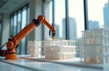 Robotic arm operates on architectural model, simulating 3D printing in office construction. Technology innovation in building assembly, automation in engineering and design projects.
