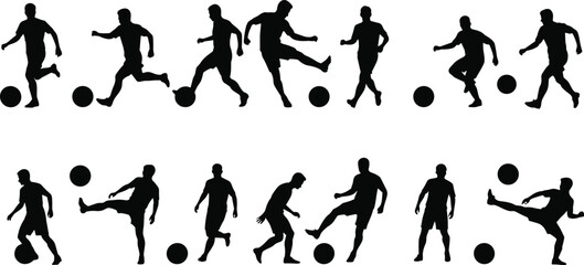 Silhouette vector of soccer players kicking, passing, dribbling ball, football motion scene, sport training action, athletic game illustration