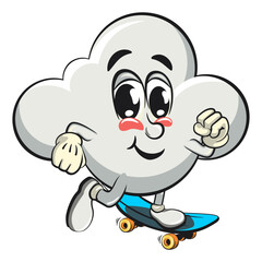 cute cloud cartoon mascot character vector illustration playing skateboard, work of hand drawn
