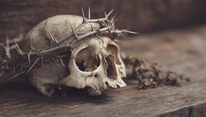 Naklejka premium A weathered skull rests on wood, adorned with a crown of thorns
