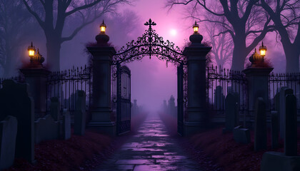 Hauntingly Beautiful Cemetery Entrance at Dusk Surrounded by Ethereal Fog and Rich Purple Sky Illuminated by Vintage Lanterns