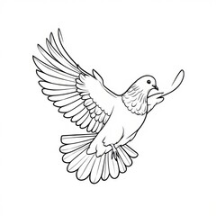 Fototapeta premium Elegant Line Art Drawing of a Dove in Flight Carrying a Sprig of Leaves