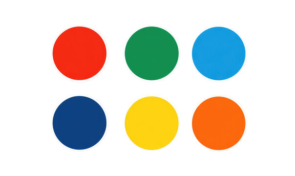 Six colored circles arranged in a grid.  Each circle is a solid color, with a thin white border.  Colors include red, green, blue, navy, yellow, and orange