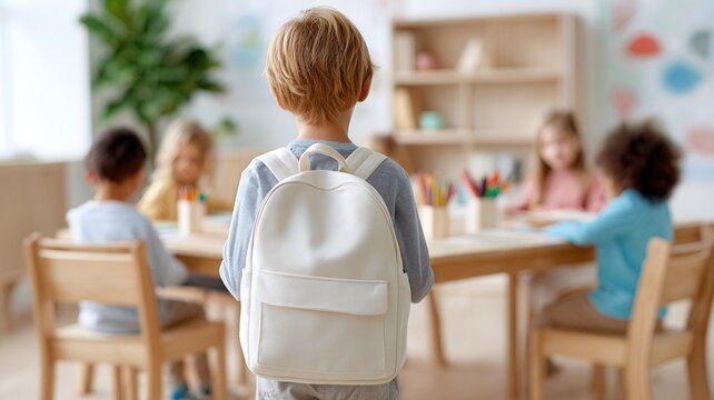 Blond boy with white backpack entering preschool classroom, ready to join his classmates a day of learning and back fun to school - Powered by Adobe