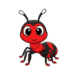 Cartoon red ant smiling with big eyes and black stripes  
