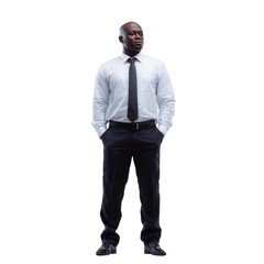 Confident businessman in formal attire, standing with hands in pockets, isolated on a white background.
