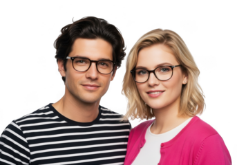 Young couple wearing stylish eyeglasses isolated on transparent background