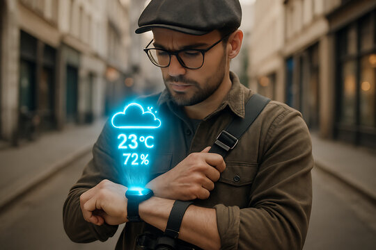 Man in an Urban Environment Checking the Weather on a Holographic Smartwatch Display - Powered by Adobe