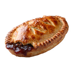 Delicious, golden-brown meat pie with a flaky crust and juicy filling, isolated on a white background.