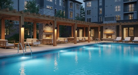 Luxurious pool area with wooden pergola, fireplaces, and apartment backdrop