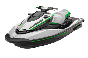 Modern personal watercraft with a sleek, sporty design and vibrant green details. This high-speed jet ski is isolated on a clean white background.