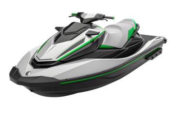 Modern personal watercraft with a sleek, sporty design and vibrant green details. This high-speed jet ski is isolated on a clean white background.