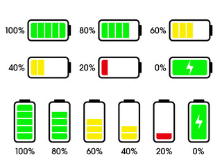 アプリUIや操作説明に使えるバッテリー残量表示アイコン 0〜100％の充電中シンプル素材セット